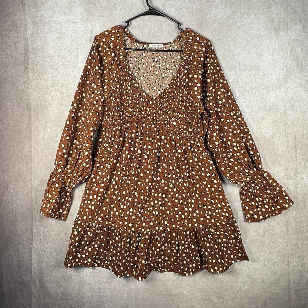 Carole Christian Smocked Mini Dress – Animal Print, Long Sleeve